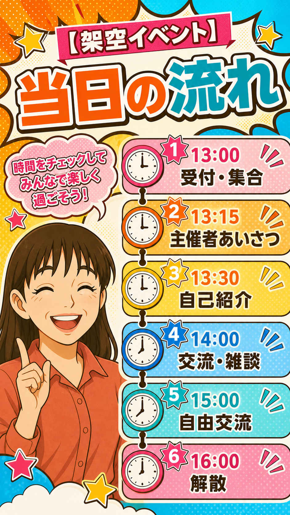 当日の流れ。13時受付・集合、13時15分主催者あいさつ、13時30分自己紹介、14時交流・雑談、15時自由交流、16時解散。
